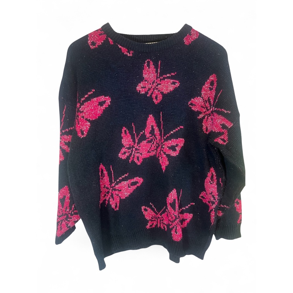 Vintage 1980 Paola Ferre Butterfly Sweater Metallic Pink Black Knit Large